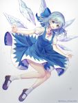  1girl :d blue_bow blue_dress blue_eyes blue_hair bow cirno commentary_request dress eyebrows_visible_through_hair full_body grey_background hair_bow highres ice ice_wings legs looking_at_viewer minyumim open_mouth red_ribbon ribbon short_hair short_sleeves smile socks solo touhou twitter_username wings 