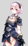  1girl armor bangs black_armor black_gloves black_hairband blush breasts cleavage commentary_request cowboy_shot curly_hair expressionless fantasy female_my_unit_(fire_emblem_if) fire_emblem fire_emblem_if gem gloves gold_trim grey_background groin hairband half-closed_eyes highleg lips looking_at_viewer medium_breasts my_unit_(fire_emblem_if) negiwo nintendo outstretched_arm parted_lips pink_hair pointy_ears reaching_out red_eyes short_hair short_sleeves simple_background sketch solo standing twitter_username wing_collar 