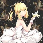  1girl :o ahoge artoria_pendragon_(all) bangs bare_shoulders black_background black_bow blonde_hair blush bow dress eyebrows_visible_through_hair fate/stay_night fate/unlimited_codes fate_(series) flower gloves green_eyes hair_between_eyes hair_bow holding holding_flower looking_at_viewer looking_to_the_side parted_lips pleated_dress ponytail rocm_(nkkf3785) saber_lily sidelocks sleeveless sleeveless_dress solo twitter_username white_dress white_flower white_gloves yellow_flower 