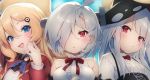  3girls abercrombie_(azur_lane) ahoge azur_lane bangs bare_shoulders blonde_hair blue_eyes blush bolt breasts closed_mouth erebus_(azur_lane) eyebrows_visible_through_hair flat_chest frills hair_ornament hair_over_one_eye hairclip hood large_breasts long_hair looking_at_viewer multiple_girls open_mouth parted_lips pokachu red_eyes shirt short_hair silver_hair sleeveless sleeveless_shirt slit_pupils small_breasts smile stitches terror_(azur_lane) white_shirt 