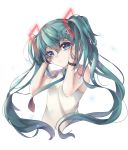  1girl blue_eyes blue_hair blue_neckwear bracelet breasts cropped_torso eyebrows_visible_through_hair floating_hair hair_between_eyes hair_ornament hatsune_miku jewelry long_hair necktie number shirt simple_background sleeveless sleeveless_shirt small_breasts solo tattoo twintails very_long_hair vocaloid white_background white_shirt 