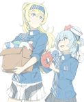  2girls :d alternate_costume alternate_hairstyle blonde_hair blue_eyes blue_hair blue_hairband blue_shirt dixie_cup_hat double_bun employee_uniform enemy_lifebuoy_(kantai_collection) gambier_bay_(kantai_collection) grey_shirt grey_skirt hairband hat kantai_collection lawson long_hair looking_at_another military_hat multiple_girls name_tag ninimo_nimo open_mouth pleated_skirt ponytail samuel_b._roberts_(kantai_collection) shirt short_hair simple_background skirt smile striped striped_shirt uniform white_background white_hat yellow_eyes 