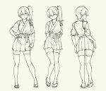  1girl contrapposto grey_background greyscale hakama_skirt hand_on_hip kaga_(kantai_collection) kantai_collection monochrome multiple_views one_side_up parted_lips pas_(paxiti) pose ribbon sandals simple_background standing thigh-highs zettai_ryouiki 
