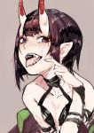  1girl bob_cut eyeliner eyeshadow fangs fate/grand_order fate_(series) grin highres hiranko horns looking_at_viewer makeup oni oni_horns open_mouth pointy_ears purple_hair revealing_clothes sharp_teeth short_hair shuten_douji_(fate/grand_order) smile solo teeth tongue tongue_out violet_eyes 