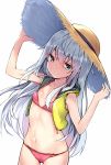  1girl aqua_eyes arms_up bangs bikini blue_hair blush breasts closed_mouth collarbone commentary_request cowboy_shot eyebrows_visible_through_hair hair_between_eyes hands_on_headwear hat hibiki_(kantai_collection) highres kantai_collection kure_(kure_ng) long_hair navel open_clothes open_vest pink_bikini shiny shiny_hair sidelocks simple_background small_breasts smile solo stomach straw_hat string_bikini swimsuit thighs unzipped very_long_hair vest white_background yellow_vest 