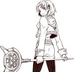  1girl breasts cecilia_lynne_adelhyde coat commentary_request denim earrings holding holding_weapon jacket jeans jewelry lowres medium_hair monochrome pants pantyhose shorts skirt solo staff wand weapon wild_arms wild_arms_1 