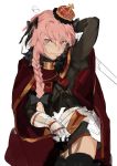  1boy absurdres astolfo_(fate) black_bow black_legwear black_skirt bow braid cape closed_mouth contrapposto cowboy_shot crown eyebrows_visible_through_hair fate/apocrypha fate_(series) faulds garter_belt gauntlets gorget hair_between_eyes hair_bow hair_intakes hand_up highres hiranko holding holding_sword holding_weapon long_hair looking_at_viewer male_focus otoko_no_ko pink_eyes pink_hair red_cape simple_background single_braid skirt solo standing sword thigh-highs unfinished weapon white_background 