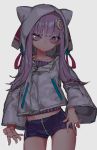  1girl animal_ears belly_peek blue_shorts cat_ears crescent crescent_hair_ornament crescent_moon cropped_jacket crotch_zipper expressionless hair_ornament hood hoodie moon patchouli_knowledge purple_hair purple_hood purple_hoodie short_shorts shorts solo thighs thupoppo touhou violet_eyes wide_sleeves zipper 