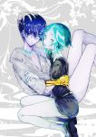  2others androgynous bangs black_neckwear black_shorts blue_eyes blue_hair blunt_bangs collared_shirt colored_eyelashes crack crystal_hair dual_persona gem_uniform_(houseki_no_kuni) gold golden_arms hair_between_eyes heterochromia highres houseki_no_kuni looking_at_viewer multiple_others necktie nemui_neko phosphophyllite phosphophyllite_(ll) shirt short_hair short_shorts shorts simple_background smile sparkle suspenders white_eyes white_shirt 