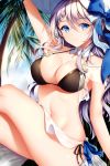  1girl alternate_costume arm_support arm_up armpits azur_lane bangs bare_shoulders bikini black_bikini blue_bow blue_eyes blue_ribbon blue_sky blurry blurry_background blush bow braid breasts cleavage closed_mouth clouds collarbone commentary cross curvy day detached_collar eyebrows_visible_through_hair eyes_visible_through_hair french_braid hair_bow hair_ribbon hand_on_headwear hat head_tilt highres jewelry large_breasts lavender_hair legs_crossed long_hair looking_at_viewer navel necklace outdoors palm_tree ribbon sarong see-through shiny shiny_skin side-tie_bikini sidelocks sitting skindentation sky smile solo stomach striped striped_ribbon sun_hat swimsuit thighs tree very_long_hair vestal_(azur_lane) wavy_hair white_hat white_sarong wsman 