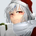  1girl altera_(fate) alternate_costume bangs blunt_bangs blush closed_mouth dark_skin fate/extella fate/extra fate/grand_order fate_(series) gift gloves hat highres holding holding_gift i-pan looking_at_viewer red_eyes santa_hat scarf short_hair simple_background smile solo tan white_gloves white_hair white_scarf 