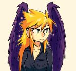  1girl black_shirt blonde_hair breast_pocket breath_of_fire closed_mouth collared_shirt feathered_wings green_eyes grey_background nina_(breath_of_fire_ii) pocket popped_collar purple_wings setz shirt simple_background smile solo sparkle upper_body wing_collar wings 