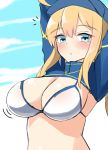  1girl absurdres ahoge arms_up artoria_pendragon_(all) bangs baseball_cap bikini blonde_hair blue_eyes blue_hat blue_jacket blue_sky blush breasts cleavage closed_mouth clouds cropped_jacket day eyebrows_visible_through_hair fate/grand_order fate_(series) hair_between_eyes hair_through_headwear hat highres jacket large_breasts long_hair moyoron mysterious_heroine_xx_(foreigner) notice_lines outdoors sidelocks sketch sky solo swimsuit upper_body white_bikini 
