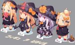  1girl abigail_williams_(fate/grand_order) albino alternate_costume bandaid_on_forehead black_dress blonde_hair blue_eyes bomber_jacket bow chibi comic commentary_request doll_hug dress english evil_smile fate/grand_order fate_(series) figure hair_bow hair_bun hat hat_bow jacket keyhole long_hair long_sleeves multiple_persona pekeko_(pepekekeko) red_eyes single_thighhigh sleeves_past_wrists smile streamers stuffed_animal stuffed_toy teddy_bear tentacle thigh-highs thong translation_request white_hair witch_hat 