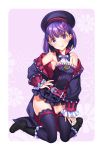  1girl :p absurdres bangs belt_buckle beret black_footwear blush boots bow breasts buckle closed_mouth collarbone commentary_request dress eyebrows_visible_through_hair fate/grand_order fate_(series) fingernails hair_between_eyes hand_on_hip hat head_tilt helena_blavatsky_(fate/grand_order) highres jacket kneeling long_sleeves off_shoulder puffy_long_sleeves puffy_sleeves purple_dress purple_hair purple_hat purple_jacket purple_legwear red_belt ribbed_legwear shiosoda sleeves_past_wrists small_breasts smile solo strapless strapless_dress thigh-highs tongue tongue_out tree_of_life violet_eyes white_bow 