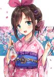  1girl :d a.i._channel bag bagged_fish blue_eyes blush brown_hair cherry_blossoms clenched_hands commentary_request eyebrows_visible_through_hair fish floral_print goldfish hair_ribbon hair_up hairband hands_up highlights highres holding japanese_clothes kimono kizuna_ai looking_at_viewer multicolored_hair nail_polish obi open_mouth petals pink_hair pink_kimono pink_nails pink_ribbon purple_ribbon ribbon round_teeth sash saya_(mychristian2) sidelocks smile solo teeth upper_body upper_teeth virtual_youtuber wide_sleeves 
