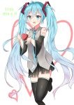  2018 ahoge beifang_qiji birthday black_footwear black_skirt blue_eyes blue_hair blue_neckwear boots dated detached_sleeves eyebrows_visible_through_hair floating_hair grey_shirt hair_between_eyes hair_ornament hatsune_miku heart highres leg_up long_hair looking_at_viewer miniskirt necktie open_mouth pleated_skirt shiny shiny_clothes shirt simple_background skirt sleeveless sleeveless_shirt standing standing_on_one_leg thigh-highs thigh_boots twintails very_long_hair vocaloid white_background zettai_ryouiki 