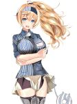  1girl alternate_costume alternate_hairstyle bangs black_legwear blonde_hair blue_eyes blue_shirt blush boots breast_pocket breasts character_name collared_shirt cowboy_shot cross-laced_footwear enemy_lifebuoy_(kantai_collection) eriyama_(user_csua4255) gambier_bay_(kantai_collection) hair_between_eyes hairband highres kantai_collection lace-up_boots large_breasts lawson lifted_by_another long_hair name_tag open_mouth pocket ponytail shirt short_sleeves sidelocks simple_background skindentation skirt skirt_lift thigh-highs thigh_boots thighs white_background 