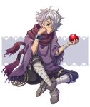  1boy apple bandage food fruit gloves hair_over_one_eye kina_kirin long_hair male_focus octopath_traveler scarf short_hair simple_background solo therion_(octopath_traveler) white_hair 