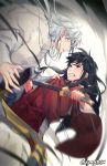  2boys black_eyes black_hair brothers clenched_teeth eye_contact facial_mark fingernails floating_hair gearous highres holding holding_sword holding_weapon inuyasha inuyasha_(character) japanese_clothes katana kimono long_hair looking_at_another male_focus multiple_boys red_kimono sesshoumaru sharp_fingernails siblings silver_hair sword teeth weapon 