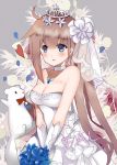  1girl animal bangs bare_shoulders basket blue_eyes blue_flower blush bouquet bow bowtie breasts choker cleavage commentary_request dress elbow_gloves eyebrows_visible_through_hair fal_(girls_frontline) ferret flower girls_frontline gloves hair_between_eyes hair_flower hair_ornament highres holding holding_basket holding_bouquet jewelry light_brown_hair long_hair lunacats medium_breasts parted_lips pendant petals red_neckwear see-through side_ponytail sidelocks solo strapless strapless_dress tiara veil very_long_hair white_choker white_dress white_flower white_gloves 