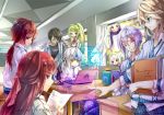  4boys 5girls add_(elsword) aisha_(elsword) ara_han black_hair blade_master_(elsword) chung_seiker classroom code:_empress_(elsword) computer diabolic_esper_(elsword) elesis_(elsword) elsword elsword_(character) eve_(elsword) facial_mark forehead_jewel grand_master_(elsword) green_hair hair_ribbon holographic_touchscreen iron_paladin_(elsword) laptop multiple_boys multiple_girls notebook paper raven_(elsword) redhead rena_(elsword) ribbon rune_slayer_(elsword) sakra_devanam_(elsword) scar side_ponytail silver_hair symbol tagme twintails vilor void_princess_(elsword) white_hair wind_sneaker_(elsword) 