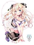  2018 bangs bare_shoulders black_bow black_legwear blonde_hair blue_eyes blush bow breasts cleavage collarbone commentary_request eyebrows_visible_through_hair garter_straps hair_between_eyes hair_bow head_tilt heart high_heels kamiya_maneki long_hair medium_breasts original parted_lips puffy_short_sleeves puffy_sleeves purple_footwear purple_shirt see-through shirt shoes short_sleeves skirt solo thigh-highs two_side_up very_long_hair white_background white_skirt 