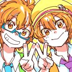  2boys :&gt; ahoge aoi_kyousuke aoi_yuusuke blue_neckwear brothers glasses grin hat idolmaster idolmaster_side-m male_focus multiple_boys necktie orange_eyes orange_hair purple_neckwear sahara_(artist) siblings smile twins upper_body w_(idolmaster) 