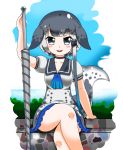  absurdres fish_tail highres hoyeechun kemono_friends legs_crossed narwhal_(kemono_friends) open_mouth sitting sitting_on_wall tail weapon 