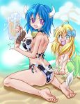  2girls absurdres ahoge animal_print barefoot beer_mug bell blonde_hair blue_eyes blue_hair blue_ribbon blush breasts cow_bell cow_horns cow_print eyebrows_visible_through_hair fangs hair_between_eyes hair_over_breasts hair_ribbon highres horns jashin-chan jashin-chan_dropkick lamia large_breasts long_hair looking_at_viewer minos_(jashin-chan_dropkick) monster_girl multiple_girls open_mouth red_eyes ribbon smile soles swimsuit translated yumeori_amu yyuki317 