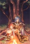  1boy 1girl against_tree animal_ears bangs black_gloves black_legwear blue_hair blush boots bra breasts brown_bra brown_footwear brown_pants brown_vest campfire cape cleavage closed_eyes closed_mouth commentary_request couple cow_ears cow_horns cross cross_earrings drang_(granblue_fantasy) draph earrings elbow_pads eno_yukimi erune fire gloves granblue_fantasy grass grey_shirt hair_over_one_eye head_tilt height_difference highres holding holding_sword holding_weapon hood hood_down hooded_cape horns huge_breasts jewelry knee_boots knee_pads leotard light_particles long_hair long_sleeves looking_at_another night night_sky orange_eyes outdoors pants pointy_ears print_bra red_cape red_leotard redhead shiny shiny_hair shirt short_hair shoulder_armor sidelocks sitting sketch sky sleeping smile spaulders sturm_(granblue_fantasy) sword thigh-highs tree underwear vest wariza wavy_hair weapon white_cape 