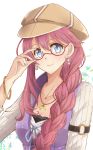  1girl adjusting_eyewear aono_(aonocrotowa) blue_eyes bracelet braid breasts cabbie_hat cleavage collarbone earrings eiyuu_densetsu emma_millstein glasses hat jewelry long_hair long_sleeves looking_at_viewer medium_breasts purple_hair ribbon sen_no_kiseki shirt simple_background smile solo upper_body white_background 