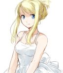  1girl arms_at_sides bangs bare_arms bare_shoulders blonde_hair blue_eyes breasts close-up dress expressionless fullmetal_alchemist looking_away lowres riru simple_background sleeveless sleeveless_dress solo tied_hair upper_body white_background white_dress winry_rockbell 