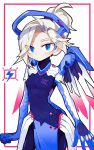  1girl alternate_color blue_eyes blush bodysuit breasts commentary e-sports english_commentary faulds grey_hair hair_over_one_eye high_ponytail highres mechanical_halo mechanical_wings mercy_(overwatch) new_york_excelsior overwatch pelvic_curtain rye-beer small_breasts solo spread_wings wings 