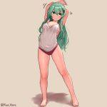  1girl armpits arms_behind_head arms_up bare_legs barefoot beige_background breasts cleavage full_body green_eyes green_hair hair_ornament hairclip kantai_collection large_breasts long_hair panties purple_panties rose_neru simple_background solo standing suzuya_(kantai_collection) tank_top underwear underwear_only 