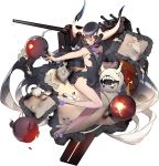  1girl akira_(kadokawa) anchorage_water_oni angry black_hair horns kantai_collection long_hair machinery official_art outstretched_arm pale_skin red_eyes shinkaisei-kan swimsuit torn_clothes turret 