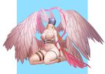  1girl angel angel_wings angewomon anklet asymmetrical_clothes bare_shoulders belt blonde_hair blue_background breasts cleavage covered_eyes covered_nipples curvy detached_collar detached_sleeves digimon dlckdgns851 feathers head_wings helmet highres jewelry large_breasts long_hair looking_down multiple_wings navel open_mouth ribbon seiza sitting solo thick_thighs thigh_strap thighs very_long_hair wings 