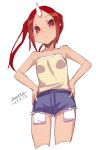  1girl bangs bare_arms bare_shoulders blue_shorts blush breasts camisole closed_mouth collarbone cropped_legs dated eyebrows_visible_through_hair hands_on_hips horn leaning_to_the_side long_hair maze_(gochama_ze_gohan) original parted_bangs red_eyes redhead short_shorts shorts sidelocks signature simple_background sketch small_breasts solo twintails white_background yellow_camisole 