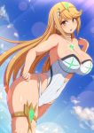  1girl bangs bare_arms bare_shoulders blonde_hair blue_sky blush breasts choker day earrings eyebrows_visible_through_hair highres mythra_(xenoblade) jewelry large_breasts long_hair midriff nintendo one-piece_swimsuit open_mouth outdoors ponpo skindentation sky solo straight_hair strapless strapless_swimsuit swimsuit thigh_strap tiara v-shaped_eyebrows very_long_hair white_choker white_swimsuit xenoblade_(series) xenoblade_2 yellow_eyes 