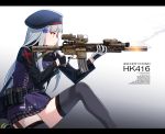  1girl assault_rifle bag belt belt_pouch beret black_hat black_legwear buttons firing girls_frontline gloves gun hat heckler_&amp;_koch highres hk416 hk416_(girls_frontline) iron_cross kneeling long_hair long_sleeves narynn plaid plaid_skirt pouch profile purple_shirt rifle shirt silver_hair skirt smoke thigh-highs weapon white_gloves zettai_ryouiki 