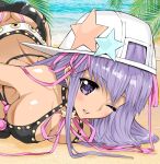  1girl ass backwards_hat baseball_cap bb_(fate)_(all) bb_(swimsuit_mooncancer)_(fate) black_gloves breasts butt_crack cleavage fate/grand_order fate_(series) gloves gold_trim gyaru hat highres large_breasts long_hair mita_ryuusuke one_eye_closed purple_hair sideways_hat solo star swimsuit tan very_long_hair violet_eyes white_belt white_hat 