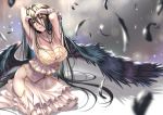  1girl albedo armpits arms_behind_head arms_up bangs bare_shoulders black_hair black_wings blush breasts cleavage collarbone demon_girl demon_horns detached_collar dress feathered_wings feathers hair_between_eyes highres hip_vent hips horns kneeling large_breasts long_hair looking_at_viewer overlord_(maruyama) piromizu solo very_long_hair white_dress wings 
