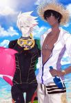  2boys 9tsumura arjuna_(fate/grand_order) ass_visible_through_thighs bare_chest beach black_hair blue_sky closed_mouth clouds cloudy_sky collarbone commentary_request dark_skin dark_skinned_male day fate/apocrypha fate/grand_order fate_(series) gold_trim goldion_hammer green_eyes hair_between_eyes holding hood hood_down hooded_jacket jacket jewelry karna_(fate) long_sleeves looking_at_viewer male_focus multiple_boys necklace ocean outdoors pale_skin skin_tight skinny sky spiky_hair standing sunlight thigh_gap toned unzipped very_dark_skin white_hair 