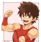 &gt;:d 1boy bandage bandaid bandaid_on_face biceps border brown_eyes brown_hair clenched_hand collarbone flexing male_focus muscle open_mouth pegasus_seiya pose red_shirt saint_seiya shirt short_hair sleeves_rolled_up smile solo torakichi_(ebitendon) twitter_username upper_body 