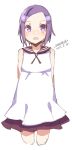  1girl :d bangs bare_shoulders blush brown_sailor_collar cropped_legs dated dress eyebrows_visible_through_hair forehead looking_at_viewer maze_(gochama_ze_gohan) open_mouth original parted_bangs purple_hair sailor_collar sailor_dress signature simple_background sketch sleeveless sleeveless_dress smile solo violet_eyes white_background white_dress 