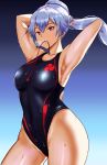  1girl adjusting_hair araimooah armpits arms_up black_swimsuit blush breasts commentary_request competition_swimsuit eyebrows_visible_through_hair fate/grand_order fate_(series) gradient gradient_background hair_between_eyes highleg highleg_swimsuit large_breasts long_hair looking_at_viewer mouth_hold one-piece_swimsuit ponytail red_eyes revision silver_hair solo standing swimsuit tomoe_(symbol) tomoe_gozen_(fate/grand_order) tying_hair wet 