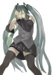  1boy azomo black_legwear black_skirt closed_mouth collared_shirt commentary_request detached_sleeves fighting_stance genderswap genderswap_(mtf) green_hair green_neckwear grey_shirt hand_up hatsune_miku highres legs_apart long_hair long_sleeves looking_at_viewer necktie pleated_skirt sanpaku shirt shoulder_tattoo simple_background skirt sleeveless sleeveless_shirt solo tattoo thigh-highs twintails very_long_hair vocaloid white_background wing_collar 