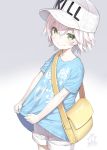  1girl bag bangs baseball_cap blue_shirt blush capriccio closed_mouth clothes_writing commentary_request cosplay dated english eyebrows_visible_through_hair facial_scar fate/grand_order fate_(series) gradient gradient_background green_eyes grey_background hair_between_eyes hat hataraku_saibou headwear_writing jack_the_ripper_(fate/apocrypha) looking_at_viewer platelet_(hataraku_saibou) platelet_(hataraku_saibou)_(cosplay) scar scar_across_eye scar_on_cheek shirt short_hair short_shorts short_sleeves shorts shoulder_bag signature simple_background smile solo translated white_background white_hair white_hat white_shirt white_shorts you_work_you_lose 