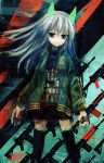  1girl animal_ears arms_at_sides assault_rifle bomb cat_ears commentary eyebrows_visible_through_hair floating_hair green_eyes green_jacket gun highres jacket lm7_(op-center) looking_at_viewer original rifle silver_hair sketch smile thigh-highs time_bomb weapon 