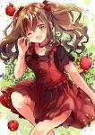  ;d apple apple_hair_ornament bracelet brown_eyes brown_hair collarbone dress eyebrows_visible_through_hair food food_themed_hair_ornament fruit hair_ornament highres jewelry long_hair looking_at_viewer nanahamu one_eye_closed open_mouth original red_dress red_shirt shirt smile two_side_up wavy_hair 